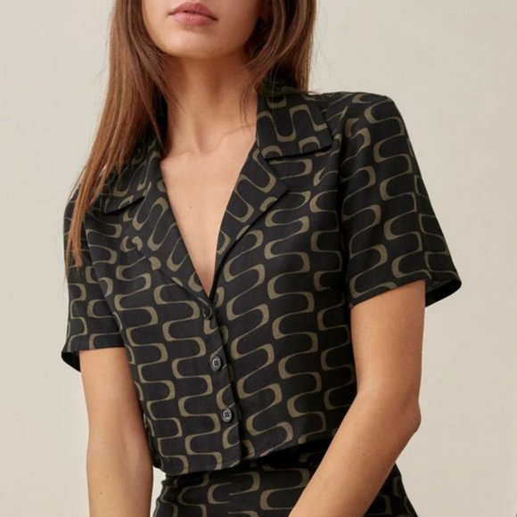 Reformation Tops - Reformation Black and Gold Patterned Noah Crop Top